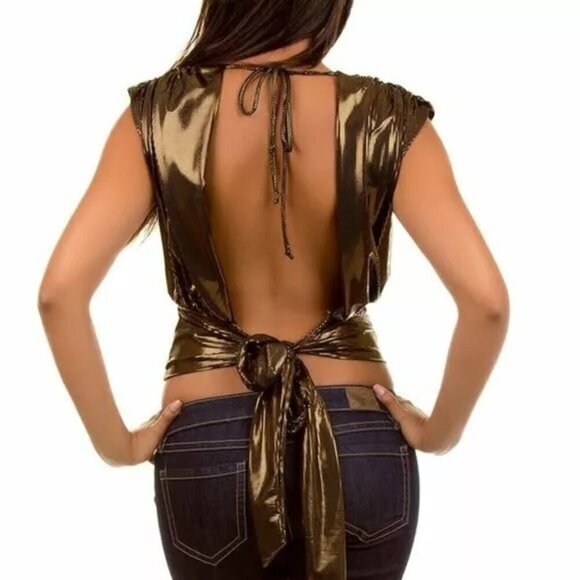 Gold Metallic Surplus Drape Cowl Neck Open Tie Back Cropped Halter Sleeveless - Picture 3 of 7